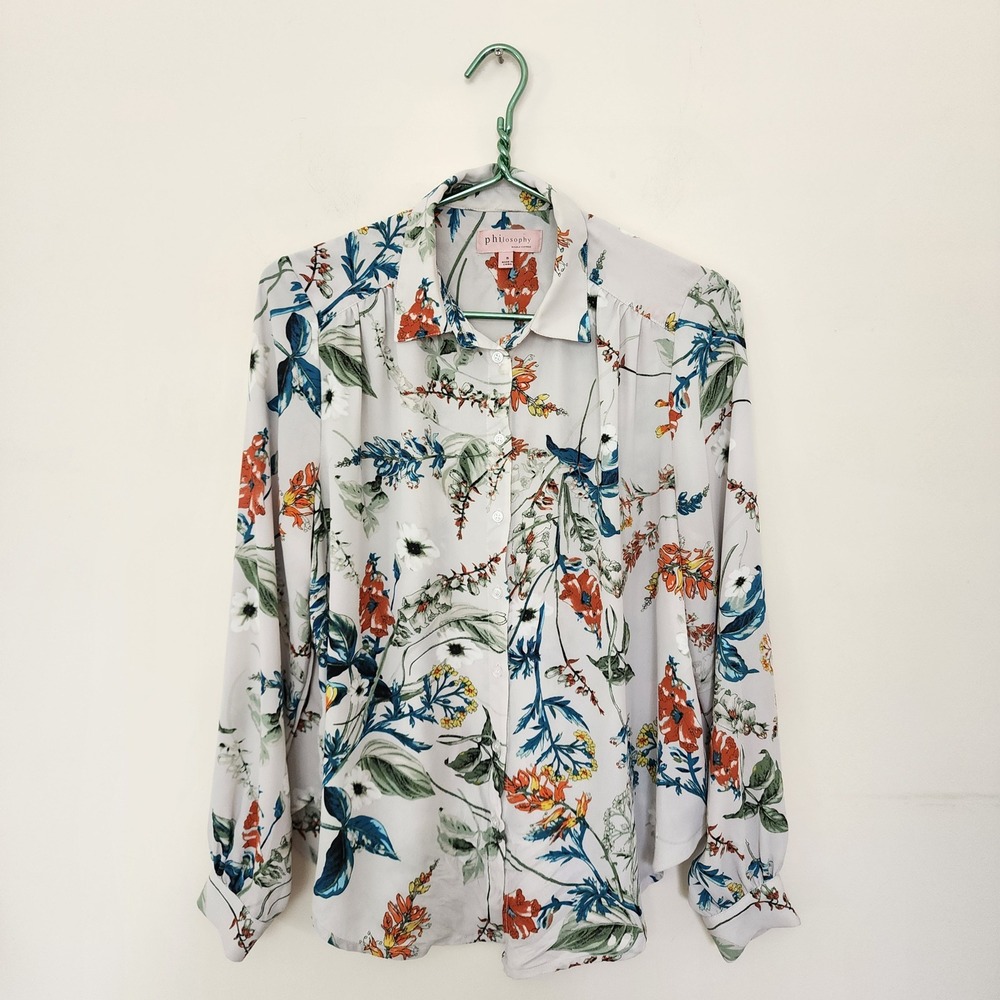 Philosophy Republic Clothing Floral Button Down Blouse Gray Long Sleeve S Boho